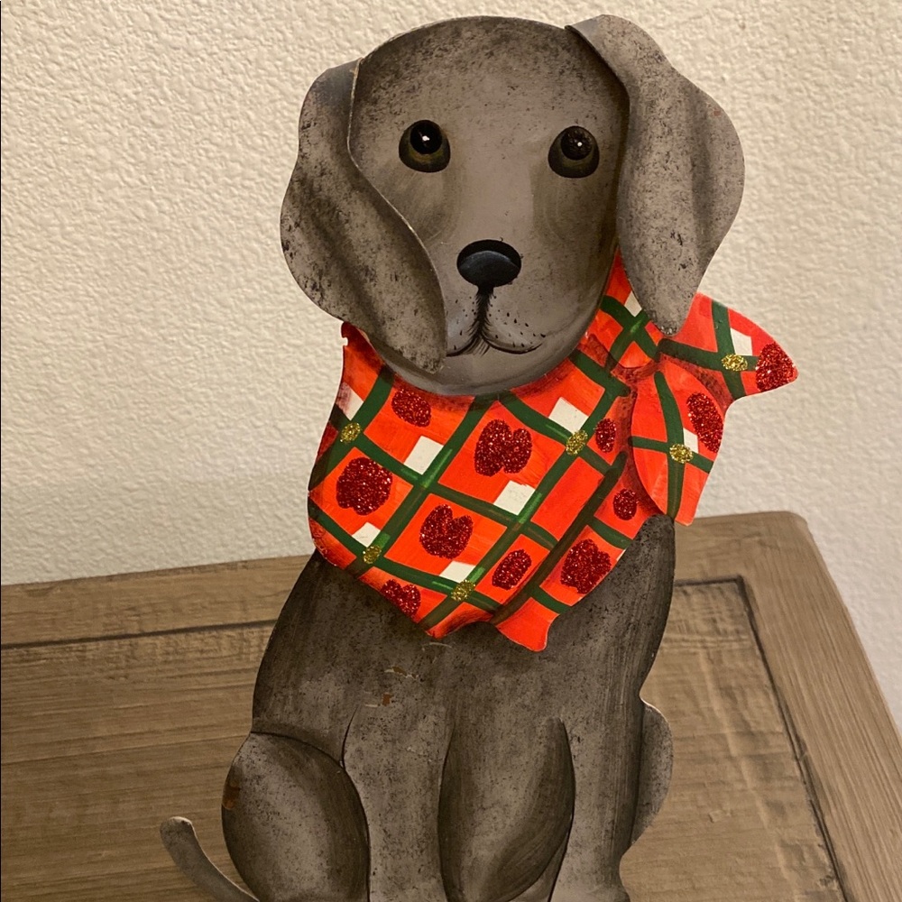 12.5” Inches Tall Metal Puppy Dog with Red Christmas Bandana